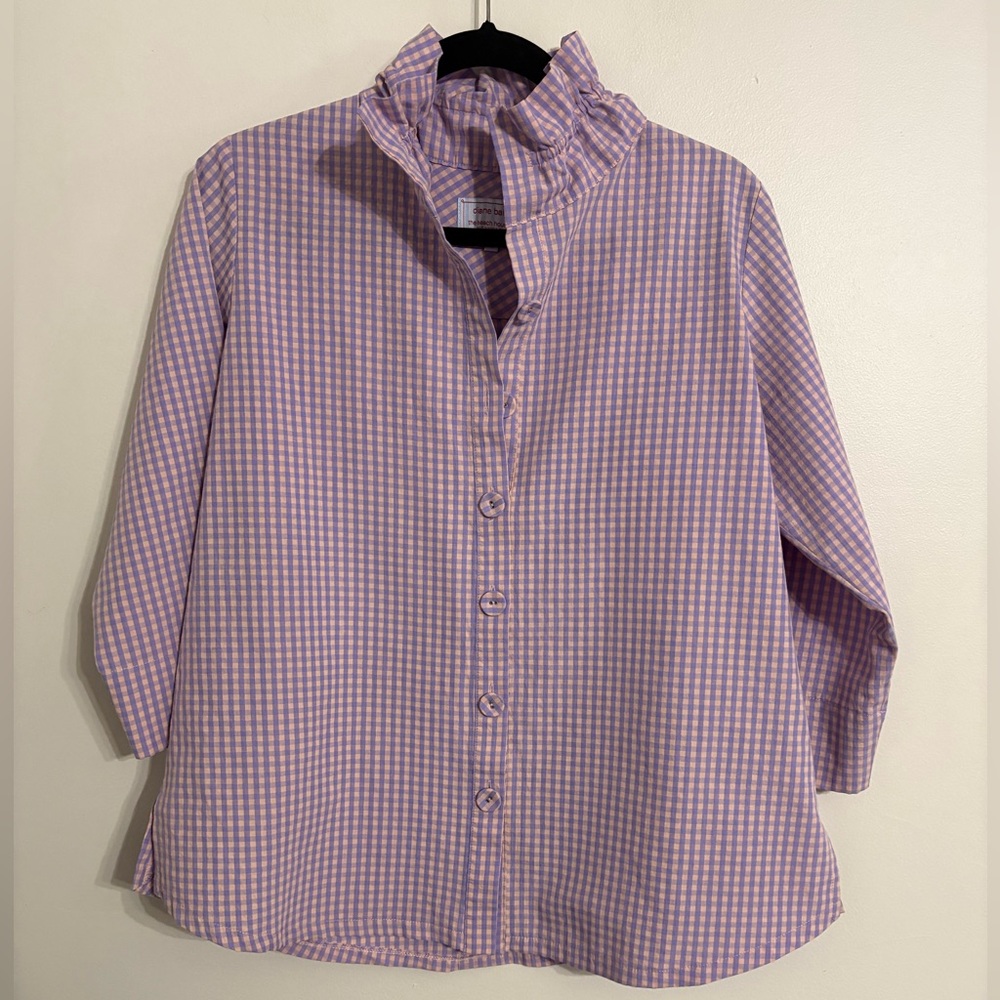 Diane Bailey Purple/Pink Checkered Button-Up Blouse 3/4 sleeve Size Small